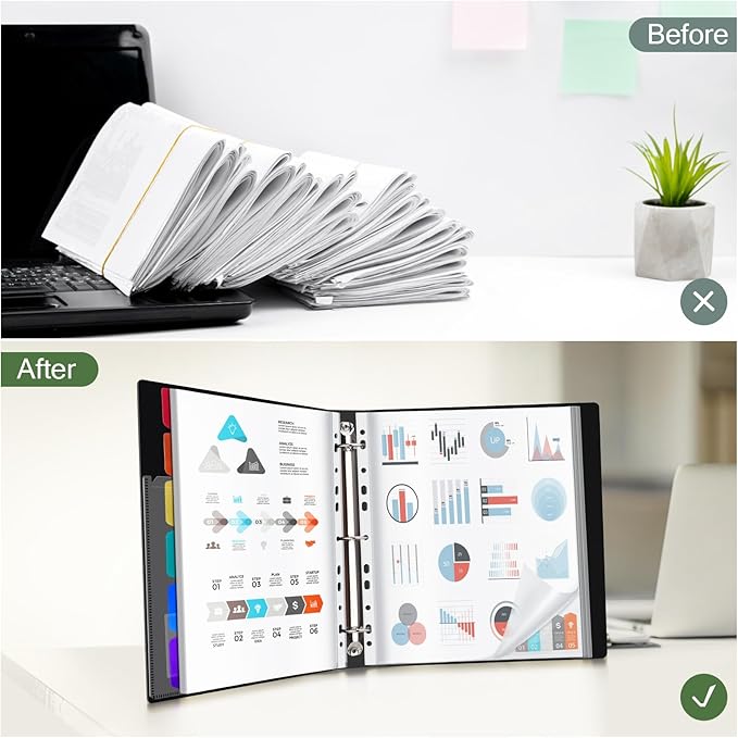 Uquelic 50-Pocket Binder with Plastic Sleeves for Letter/A4 Size(11" x 8.5"), Golden Leaf Printed Cover, Document Binder Organizer for Papers, Certificates and Artwork with Rainbow PP Divider Pages