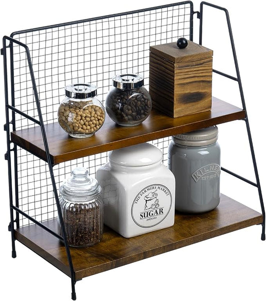 MyGift 2 Tier Premium Acacia Solid Wood Desk Shelf with Industrial Matte Black Metal Mesh Design, Rustic Wooden Desktop Office Supplies Storage Organizer