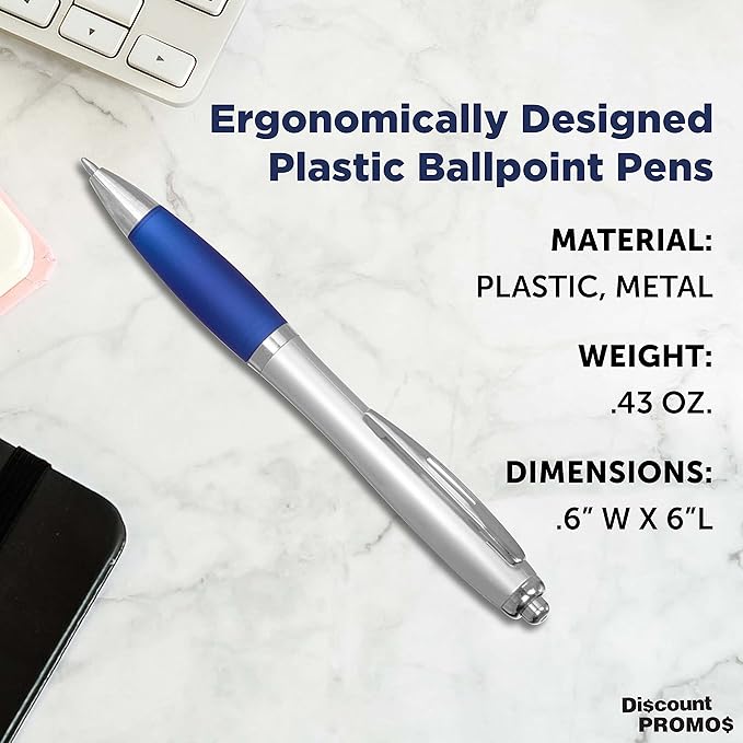 DISCOUNT PROMOS Ballpoint Pens With Rubber Grip, 10 pack, Black Ink Writing Pens in Bulk, Blue
