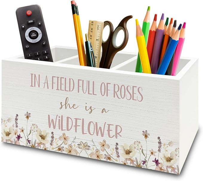 XPH Wildflower Nursery Decor Pen Pencil Holder Organizer for Desk, Girl Nursery Decor, in a Field Full of Roses She Is a Wildflower Wooden Box Sign for Girly Room Bedroom Desk Tabletop Decorations