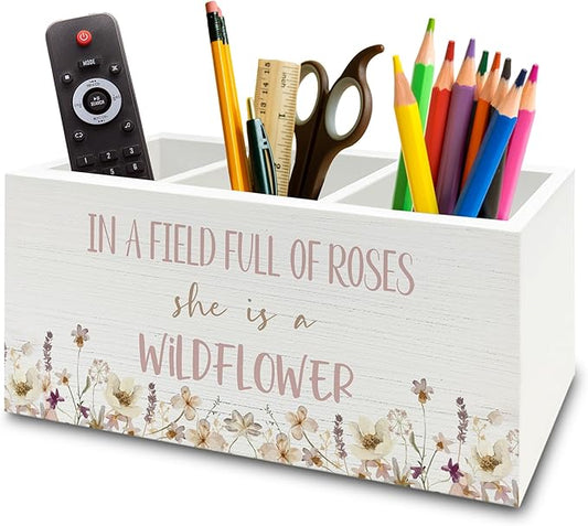XPH Wildflower Nursery Decor Pen Pencil Holder Organizer for Desk, Girl Nursery Decor, in a Field Full of Roses She Is a Wildflower Wooden Box Sign for Girly Room Bedroom Desk Tabletop Decorations