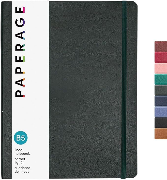 PAPERAGE Softcover Lined Journal Notebook (Dark Green), 176 Pages, Large B5 College Ruled Notebook, 7.5 inches x 9.8 inches - 100 GSM Premium Paper, Soft Vegan Leather Journal for Home, Work & School