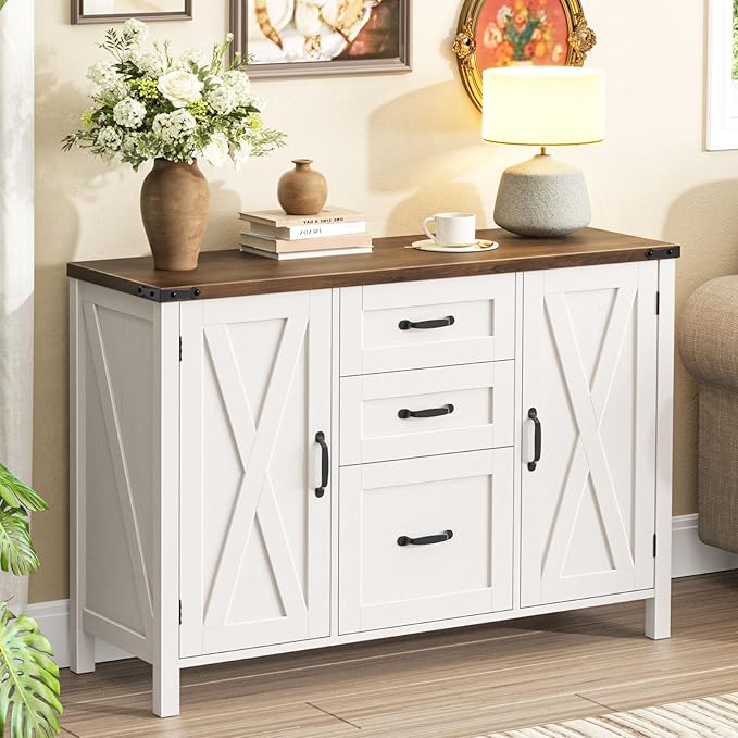 Vabches File Cabinet with 3 Drawers, Farmhouse Lateral File Cabinet Fits Files Letter/A4 Size, Wooden Filing Cabinet with Door and Adjustable Shelves Printer Stand for Home Office, Rustic White