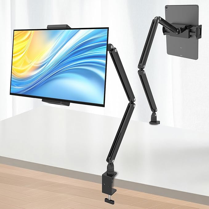 Tablet Stand for Desk/Bed, Adjustable iPad Holder Clamp Mount, Foldable Tablet Arm, 360° Rotation, Compatible with 5.7''-15.6'' IPhone, iPad Pro, Air, Mini, Kindle, Galaxy Tab, Nintendo Switch
