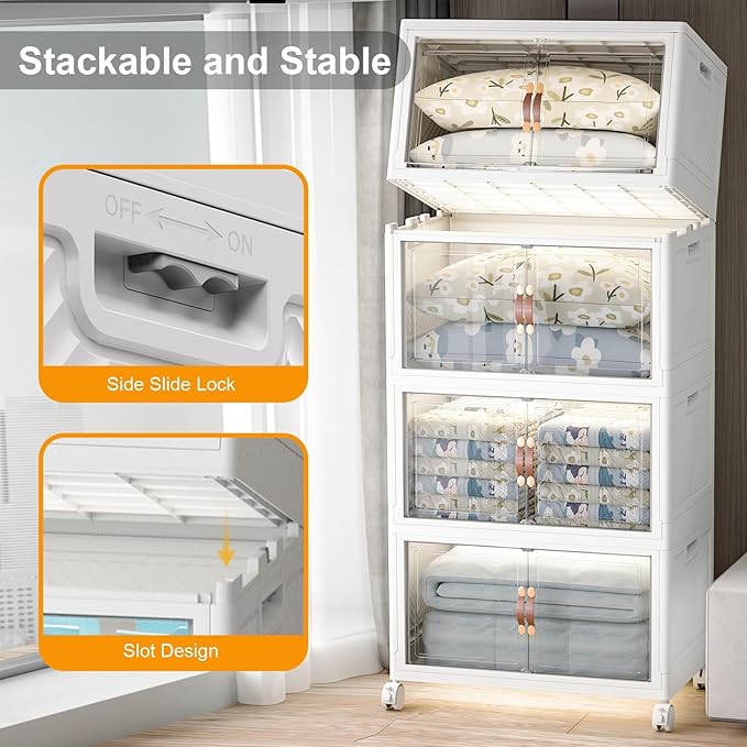 UAMFURI Extra Large Stackable Storage Bins with Lids & Wheels & Door, 1280QT-160QT/40GAL*8Pack Foldable Collapsible Closet Organizers, Plastic containers drawers for bedroom Dorm