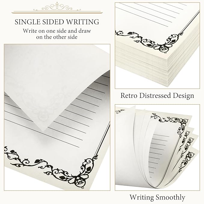 Sabary 200 Sheets Lined Stationary Writing Paper 8.5 x 11 Inch Fancy Vintage Stationery Letters Paper Lined Antique Retro Sheets for Letters Invitations Resume(Black)