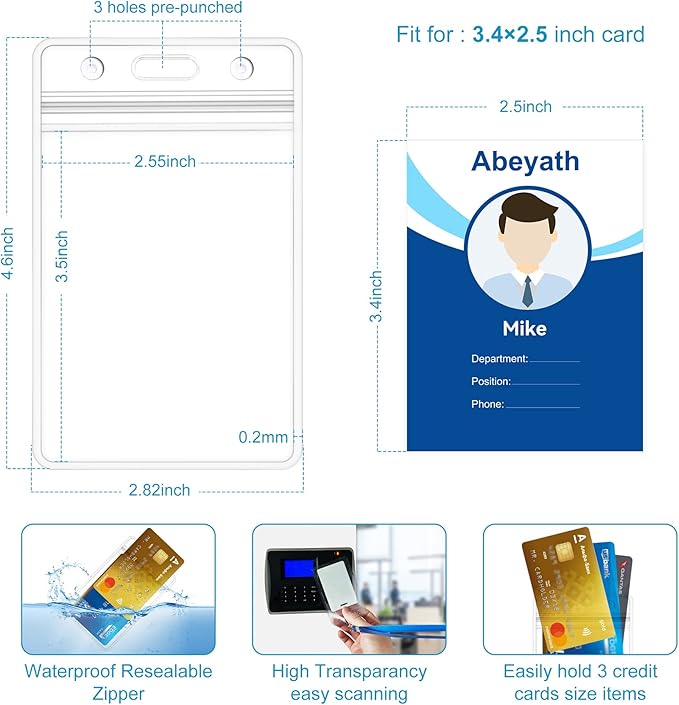 Abeyath 200 Pack Extra Thick ID Badge Holder Vertical Clear ID Card Holder with Waterproof Resealable Zip Name Tag Holder for Nurses, School and Office（ 2.25x3.5Inch）