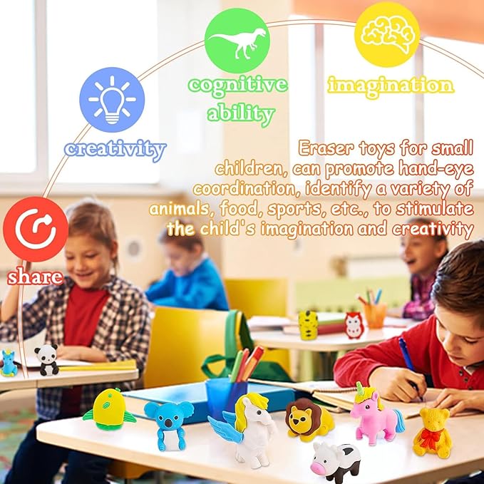 URSKYTOUS 150Pcs Animal Erasers Kids Desk Pets Pencil Erasers 3D Puzzle Bulk Mini Animal Food Eraser Toys Fun Cute Eraser for Classroom Rewards, Game Prizes, Treasure Box, Easter Egg Fillers
