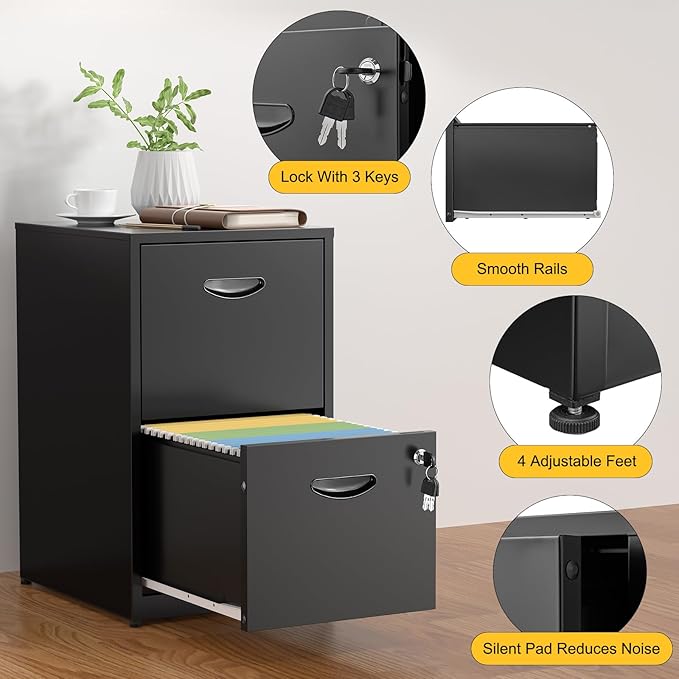 SteeLoong 2 Drawer File Cabinets,Metal Office File Cabinet with Lock,Black Filing Cabinets for Home Office,Vertical Modern File Cabinet Office Two Drawers for Hanging Letter,Assembly Required