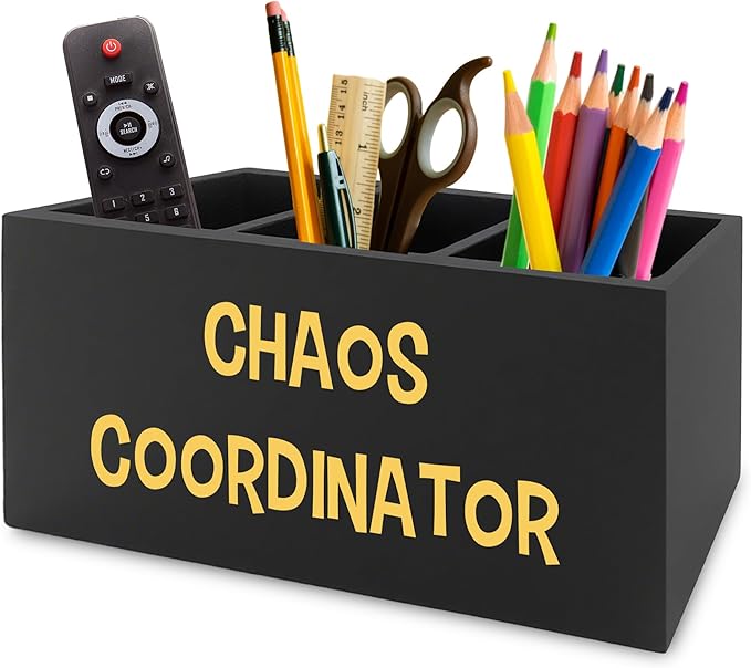XPH Chaos Coordinator Black Yellow Pen Pencil Holder Organizer for Desk, Thank You Gifts for Women Men Coworkers Boss Leader Manager, Appreciation Gifts Wooden Box Sign for Desk Tabletop Decorations