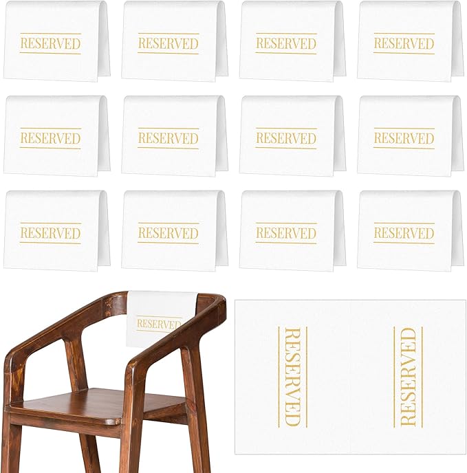 Buryeah 12 Pcs Reserved Seating Signs for Chairs Church Pew Reserved Chair Signs Placeholder with Printed Words for Weddings Parties Celebrations Receptions Church or Event (White,Gold)
