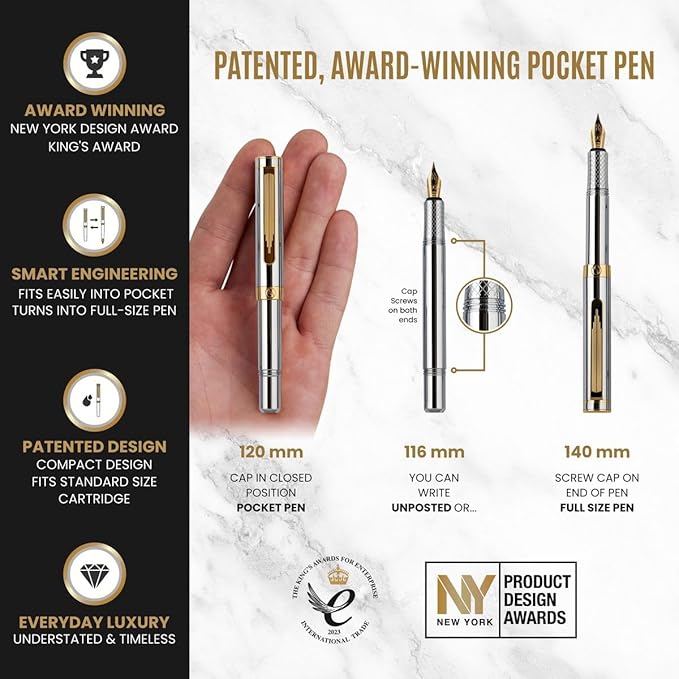 Scriveiner Luxury EDC Fountain Pen (Medium), Stunning Silver Chrome Luxury Pen, Real Gold Plating, Schmidt German Nib, Converter, Writing Gift Set for Men & Women, Nice Fancy Office Designer Pen