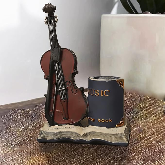 Jaugufiy Resin Violin Sculpture Pen Holder Pencil Holder Pen Organizer Cosmetic Brush Holder Decorative Pen Box Pen Pot Makeup Brush Pot (Blue)