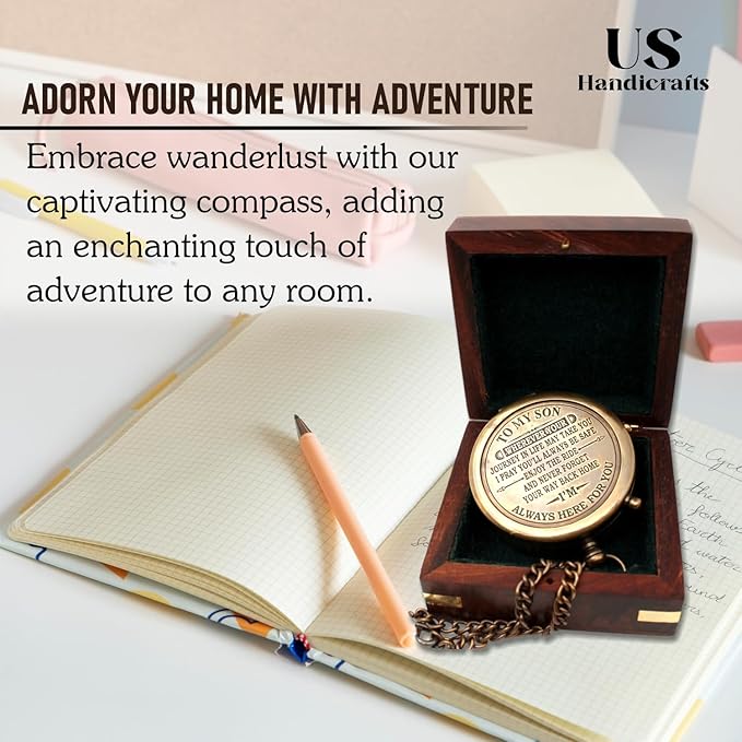 US HANDICRAFTS Brass Compass with Wooden Case | Engraved Compass from Mom to Son | Graduation Gift, Birthday, Inspirational Travel Keepsake