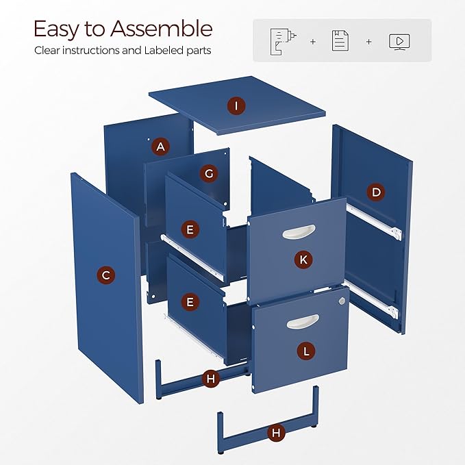 Kubohogar 2 Drawer File Cabinet with Lock,Blue Metal Filing Cabinets,Vertical Locking File Cabinet Fit Hanging Files, Letter,File Box and A4 Documents