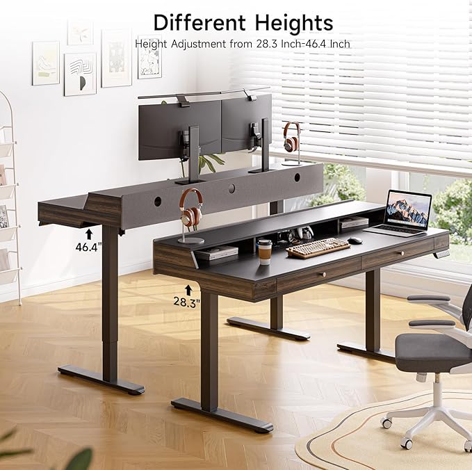 ONBRILL Modern Standing Desk with Storage, 63x23.6 Inch Electric Adjustable Height Desk with 2 Drawers, 3 Open Storage Zones, Black