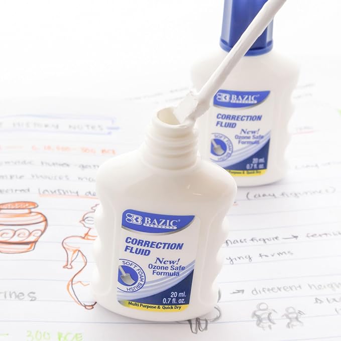 BAZIC Products Correction Fluid (0.7oz/20 ml), Foam Brush Applicator, Corrections Pen, Squeeze White Out Wipe Out Liquid, 12-Pack