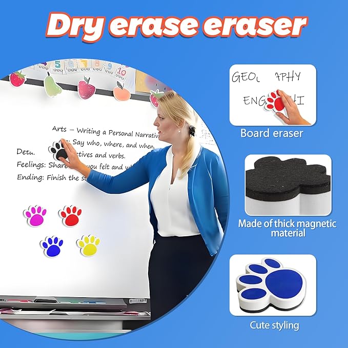 Quixorblex 3 Pcs Dry Erase Eraser Magnetic Teacher Supplies Cat Paw Shape Whiteboard Eraser Mini Whiteboard Erasers for Classroom Office(Color Random)