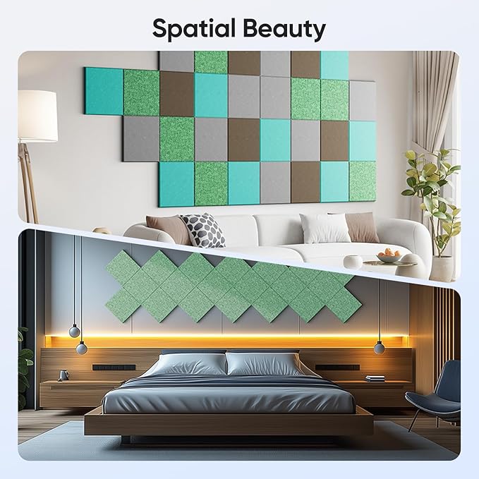 UNECHO 12 Pack 12" X 12" X 0.4" Acoustic Panels for Wall Sound Absorbing, Square Self-Adhesive Sound Panel, High Density Suitable for Multiple Scenarios(Forest Green)
