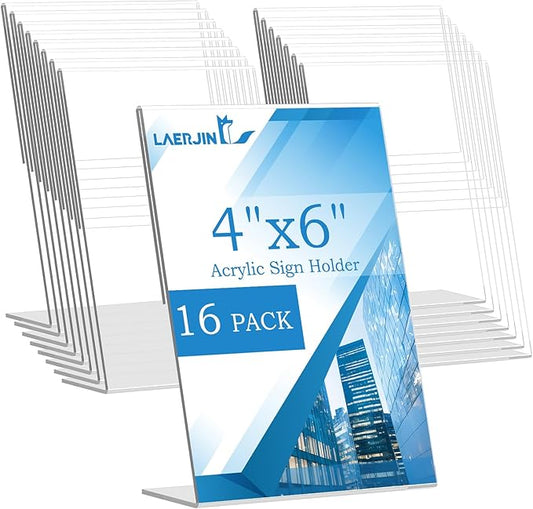 Laerjin Acrylic Sign Holder 4 x 6 - 16 Pack Slanted L-Shaped Photo & Menu Display Stand, Clear Plastic Frame with Side Loading Design - For Tabletop Signs in Cafés, Events, Retail