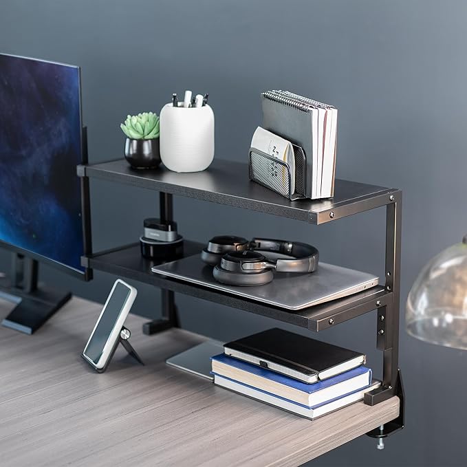 VIVO Clamp-on 24 inch Above or Below Desk 2-Tier Shelving Unit for Table Accessories, Gaming Devices, and More, Storage Tray, Desktop Organizer, Black, STAND-SHELF24C