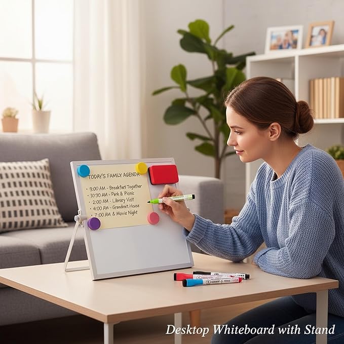 MXG 10x10 Inch Magnetic Dry Erase Board, Double Sided Small Whiteboard with Stand, 360° Rotatable & Adjustable, Includes Markers, Eraser & Magnets, for Office, Home, Fridge, Wall
