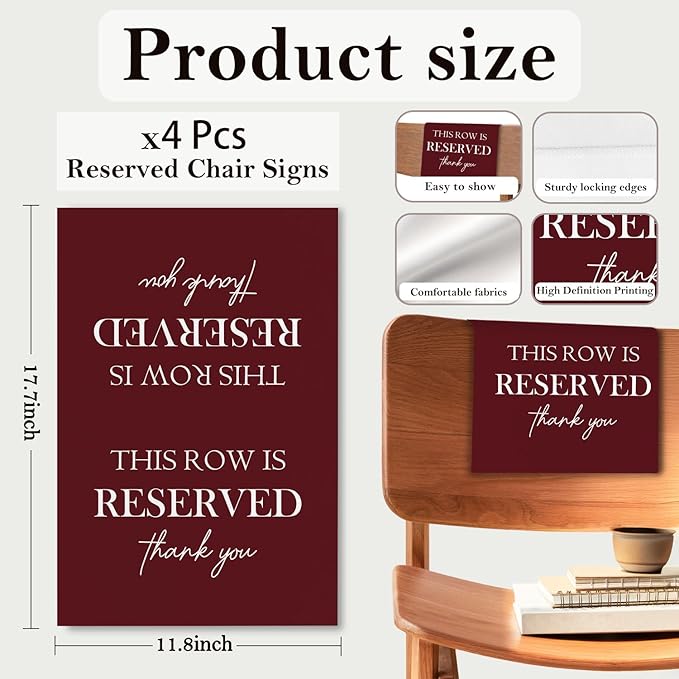ChissNook Reserved Seating Chair Signs, This Row Is Reserved Pew Cloths Seating Placeholder for Church Pews, Burgundy Wedding Decorations for Reception Parties Celebrations Event (Burgundy, 4 PCS)