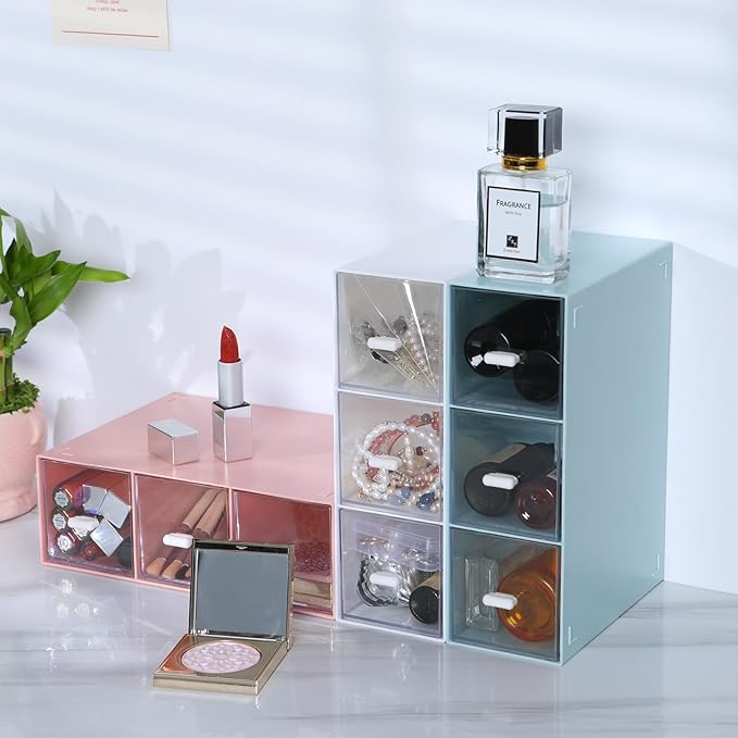 OSteed Desktop Drawers, Desk Organizer with 3 Drawers, Stackable Plastic Storage Box for Home Collection, Cosmetics, Jewelry, Office Supplies (1 Tall Layer, Blue)