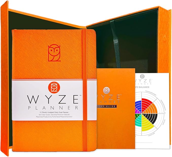 Wyze Planner Undated Daily Planner – 1-Year B5 Productivity Organizer with Two-Page Weekly Spread, Goal Setting, Habit Tracker, Weekly & Monthly Pages – Hardcover Time Management Notebook (Orange)