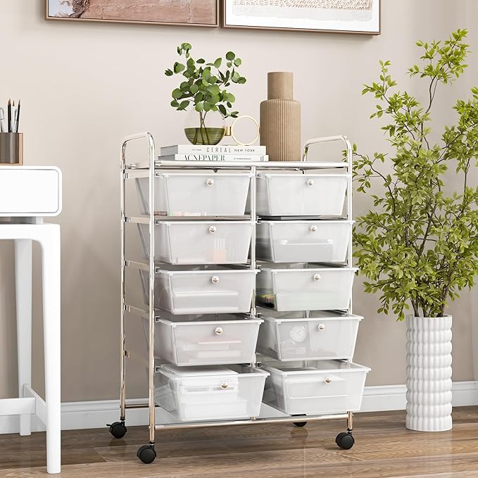GOFLAME 10-Drawer Rolling Storage Cart, Art Craft Storage Organizer on Wheels, Multipurpose Movable Utility Cart for School, Office and Home, Clear