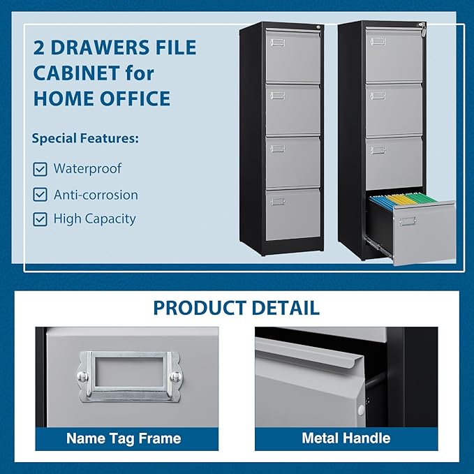 PEUKC 4 Drawer File Cabinet, Vertical Filing Cabinets with Lock, Metal File Cabinets for Home Office, Anti-Tip 4 Storage Drawers for Letter/Legal/A4/F4 Size (Assemble Required, Black)