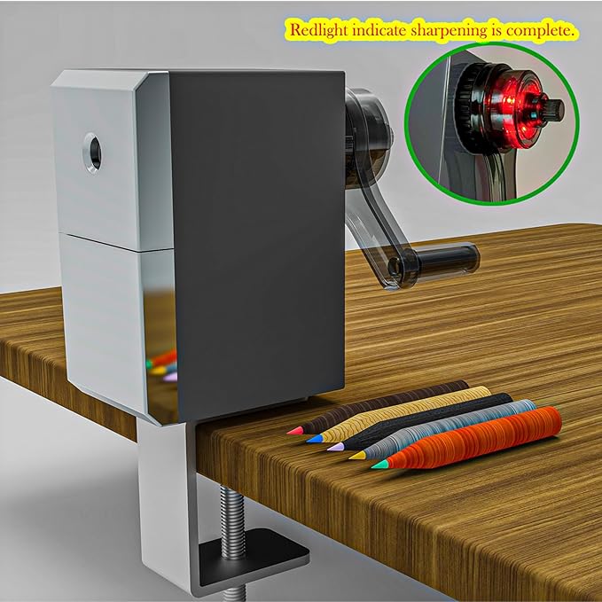 Premium Desktop Manual Pencil Sharpener, Desk Mount Design with Metal Clamp, Alloy Steel Hob，Hand Crank Operation, Silver and Gray