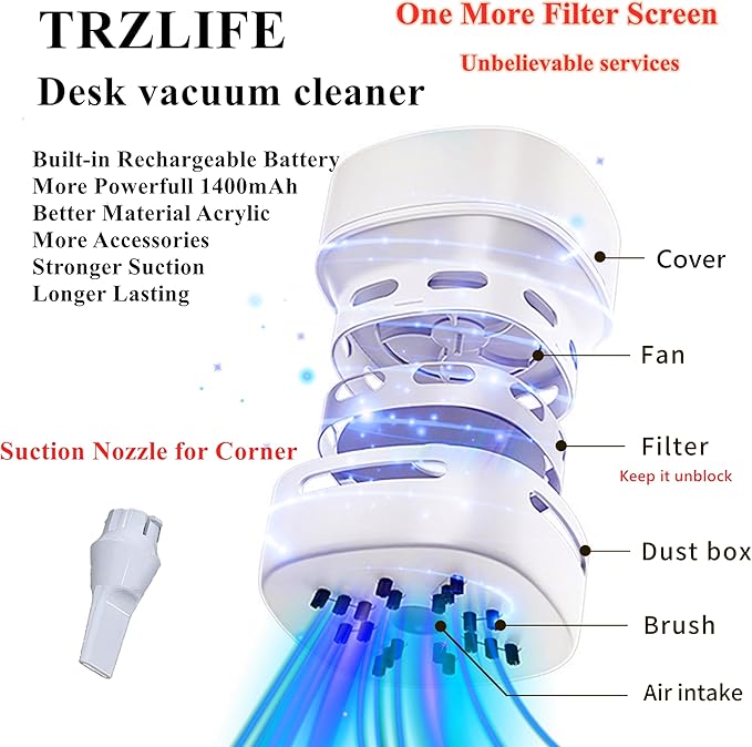 TRZLIFE Desk Vacuum Cleaner, Rechargeable and Durable Mini Desktop Vacuum with Bonus Accessories Desk Cleaner Sucks Tiny Items and Crumbs from Desktop Drawer Countertop Ideal as a Valentine's Day gift