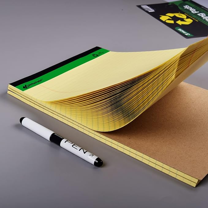 KAISA Yellow Legal Pads Writing Pads Recycled Paper 8.5"x11.75" Wide Ruled Perforated 50 sheets Hard Back Notepads 8-1/2"x 11-3/4" Writing Tablet Canary For Office Supplies (Canary 3pads)