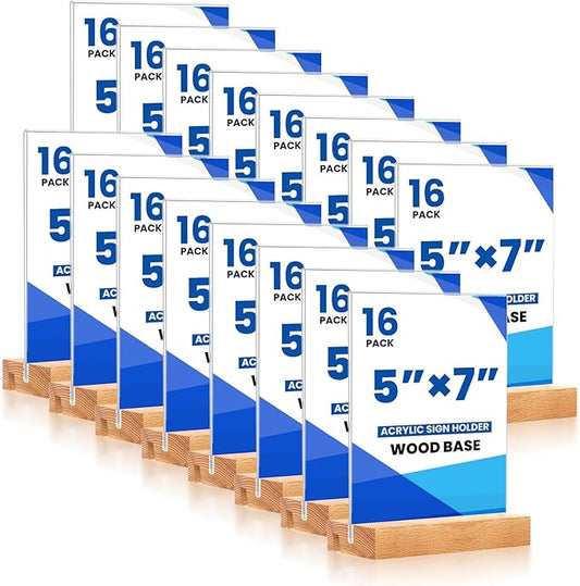 EthPul 16 Pack 5x7 Acrylic Sign Holder with Wood Base Vertical and Slant Displays, Clear Plastic Flyer Display Stand, Paper photo Table Menu Sign Frame Suitable for Restaurants, Office, Store, Hotels