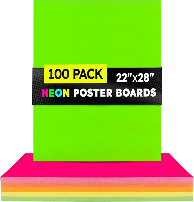 Hygloss Large Poster Board 22x28 - 100 Assorted Neon Color Poster Boards Bulk Pack - 10 Pt. Thickness Colored Poster Board Paper for Projects, Signs, Displays, Crafts - Posterboard Multipack 22" x 28"