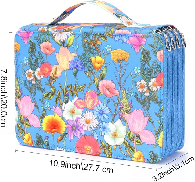 Vomgomfom Colored Pencil Case - 200 Slots Pencil Holder with Zipper Closure Twill Fabric Large Capacity Pencil Case for Watercolor Pens or Markers, Pencil Case Organizer for Artist (Blue Flower)