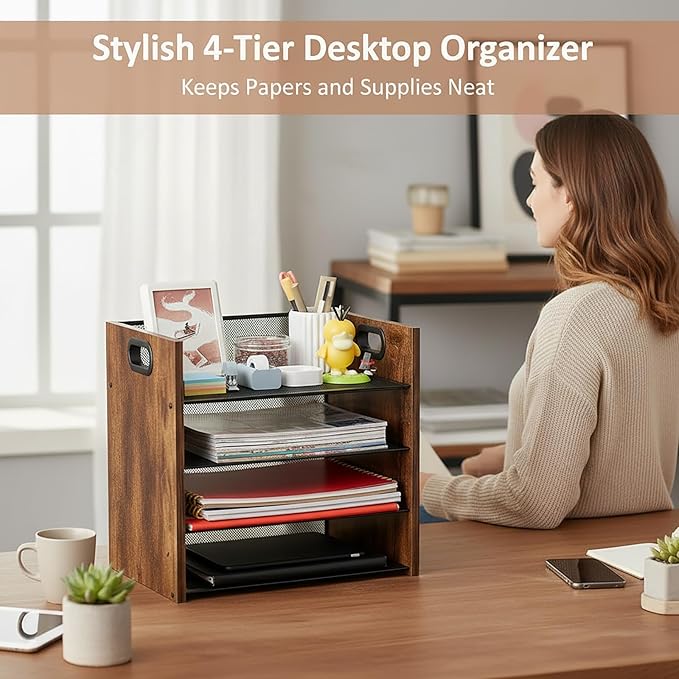 Boershun Wood Desk Organizer - 4-Tier Desktop File Organizer, Wooden Paper Organizer, Office Desk Organization for Accessories, Papers, Mail, Notebooks, Stationery