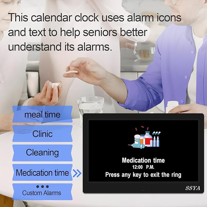 SSYA Dementia Clock for Seniors, Digital Clock with Date and Day of Week, Auto DST, Non-Abbreviated Large Calendar Alarm Clocks (Black)