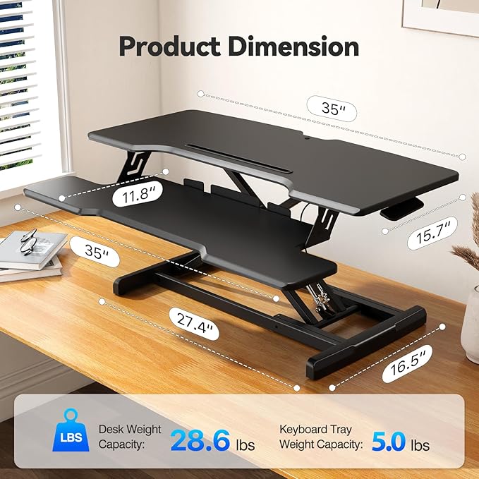 JYLH JOYSEEKER 35" Standing Desk Converter, Height Adjustable Desktop Riser with Keyboard Tray for Two Monitors, Sit to Stand up Computer Workstation for Home Office, Black
