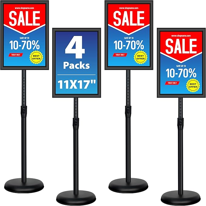 VAIIGO 4 Pack Sign Holder Stands - 11 x17 inch Standing Sign Stand, Adjustable Poster Sign Holder Pedestal Floor Sign Stand, Aluminum Snap Open Frame for Vertical & Horizontal View Sign Stand, Black