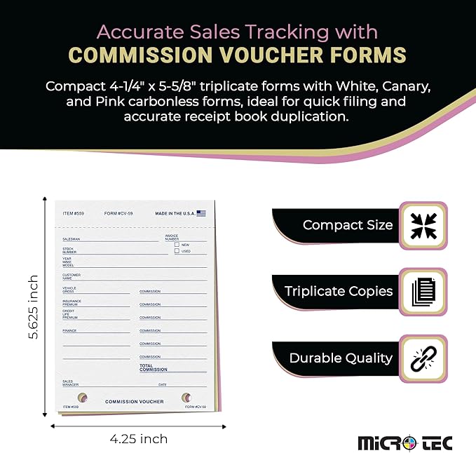 Commission Voucher Book CV-59-3 Part Carbonless Forms, Triplicate NCR Receipt Book, Snap-Out Pre-Punched with File Holes Commission Vouchers, Blue Ink, 4.25 x 5.625 Inch - Pack of 300