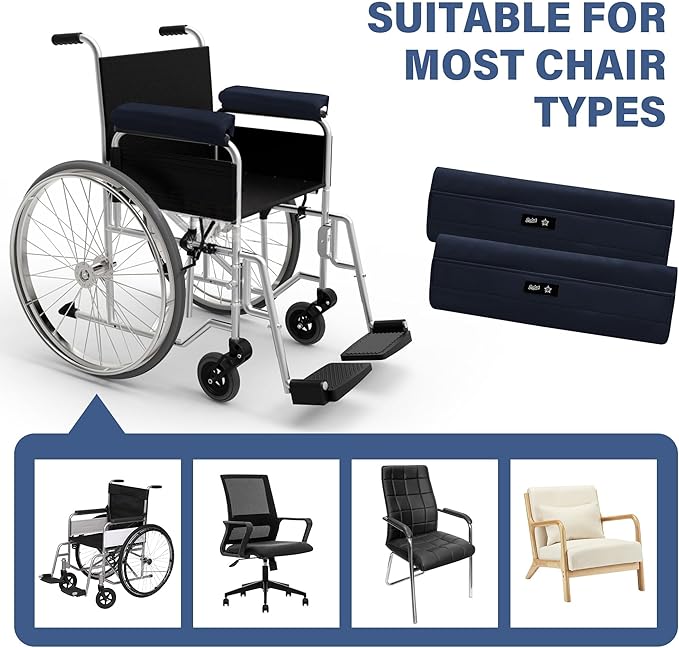 SPRING SEAON Wheelchair Armrest Covers (Pair) - Suede Velvet Memory Foam Accessories Pads for Wheelchair Arm Rest, Office Transport Chairs, Soft Support Cushion for Mobility Aids(Navy Blue)