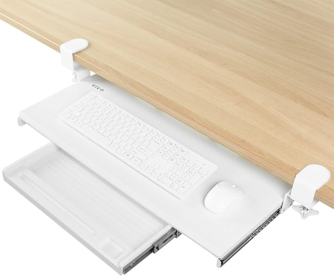 VIVO Large Keyboard Tray Under Desk Pull Out Platform with Pencil Drawer, Extra Sturdy C Clamp Mount, 27 (33 Including Clamps) x 11 inch Slide-Out Tray with Storage Drawer, White, MOUNT-KB05-4DW