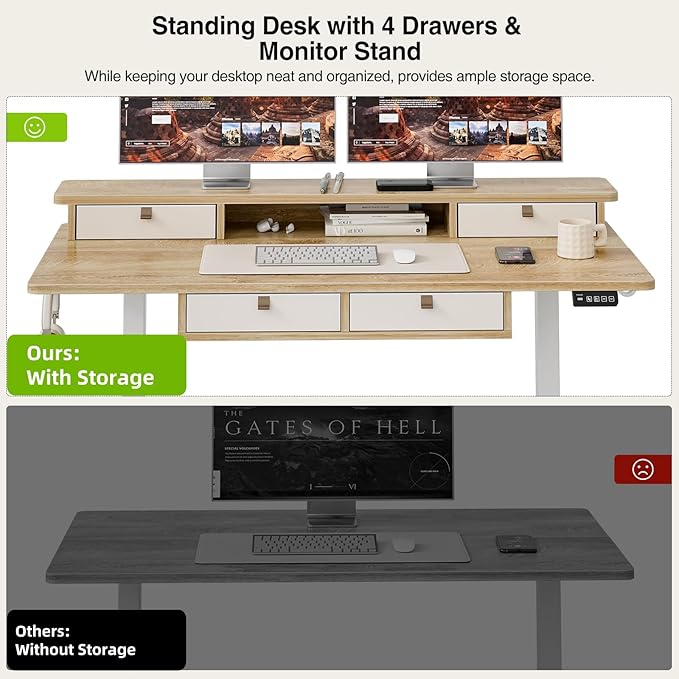 Grandder 47 Inch Electric Standing Desk with Four Drawers, Sit to Stand Up, Height Adjustable Desk with Storage Shelf for Home Office, Study, Ergonomic Adjustable Computer Desk, Oak