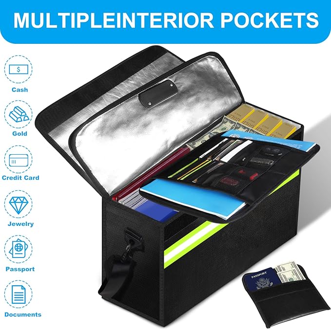 WJTZDZ 6500°F Large Fireproof and Waterproof Document Bag with Lock,10 Layers Insulation Materials&Waterproof Zipper,Removable Folder Layers/Wallet,Reflective Strip for Valuables(16.5”x 12.4”x 5.5”)