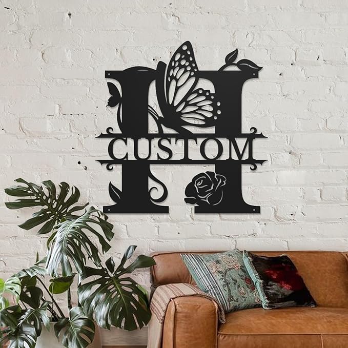 Personalized Custom Letter Name metal Signs,Custom Black Letter Monogram Wall Art Decor,Metal Signs Plaques Outdoor wall Decorative Signage (H)