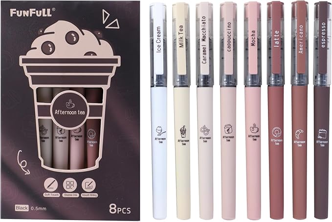 FUNFULL Aesthetic Cute Stick Rollerball Pens, 8pcs Quick Dry Colored Liquid Ink Pens, 0.5mm Fine Point Coffee Gel Pens with Soft Touch Smooth Writing for Journaling Planner School Supplies