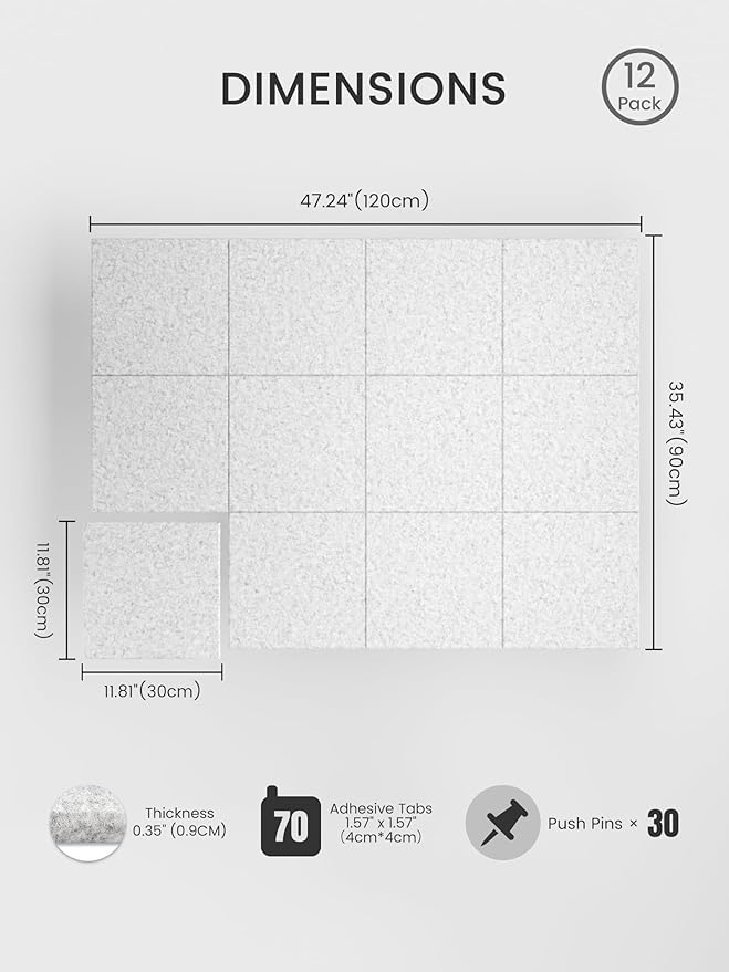 Bumusty Large Felt Bulletin Board 48" x 36" Cork Board Alternative-12 Pack with 70 Safe Removable Adhesive Tabs, Cork Boards for Walls Cork Board for Home Office Classroom Pin Board (Silvery Gray)