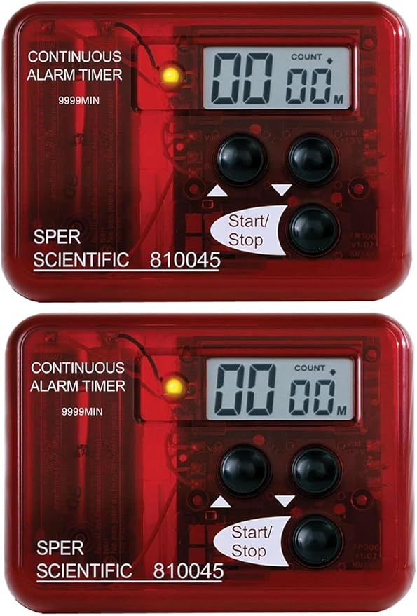 Sper Scientific Continuous Alarm Timer with Count Up Count Down & Visual Indicator 810045 - Bright LED Alarm & 9999-Minute Range - Portable Design for Cooking, Experiments, Fitness & More - 2 pc